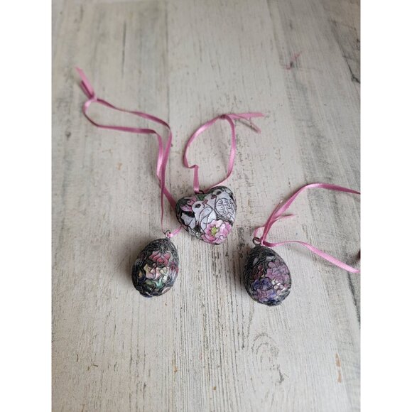 Vintage metal bird heart egg ornament Xmas set spring Easter - Picture 1 of 6